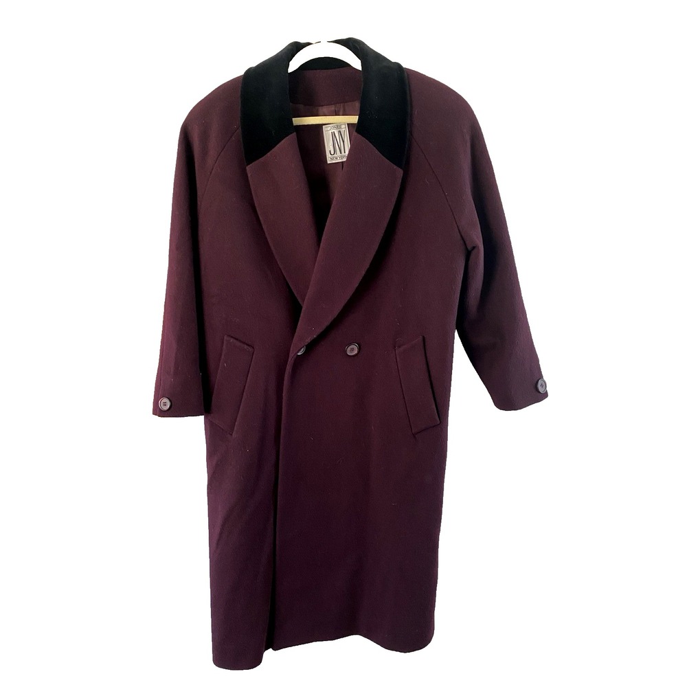 JNY Jones New York Womens 100% Wool Long Overcoat Plum Purple‎ Velvet L Vintage